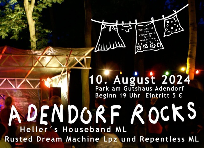 Adendorf Rocks! Am 10. August solltet ihr nicht verpassen, unseren schönen Park in Adendorf zu besuchen, und dem Konzert von 3 Bands zu lauschen.